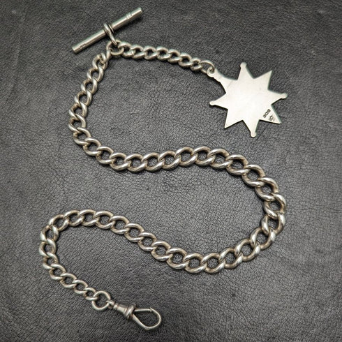 Around 1900 British Antique Pure Silver (925 Silver) Albert Chain 55g Medal Fob